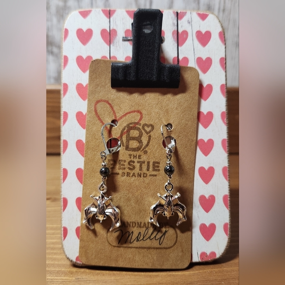 Handmade Silver in Color Hanging Bat Dangle Drop Bead Earrings Leverback Clasp